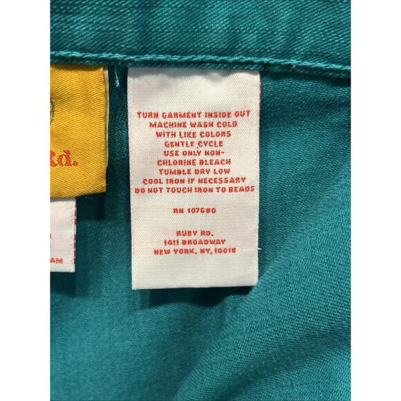 Ruby Rd Petite Women's 14 Teal Pull On Capri Pants Embellished Boho Beachy - Picture 10 of 15